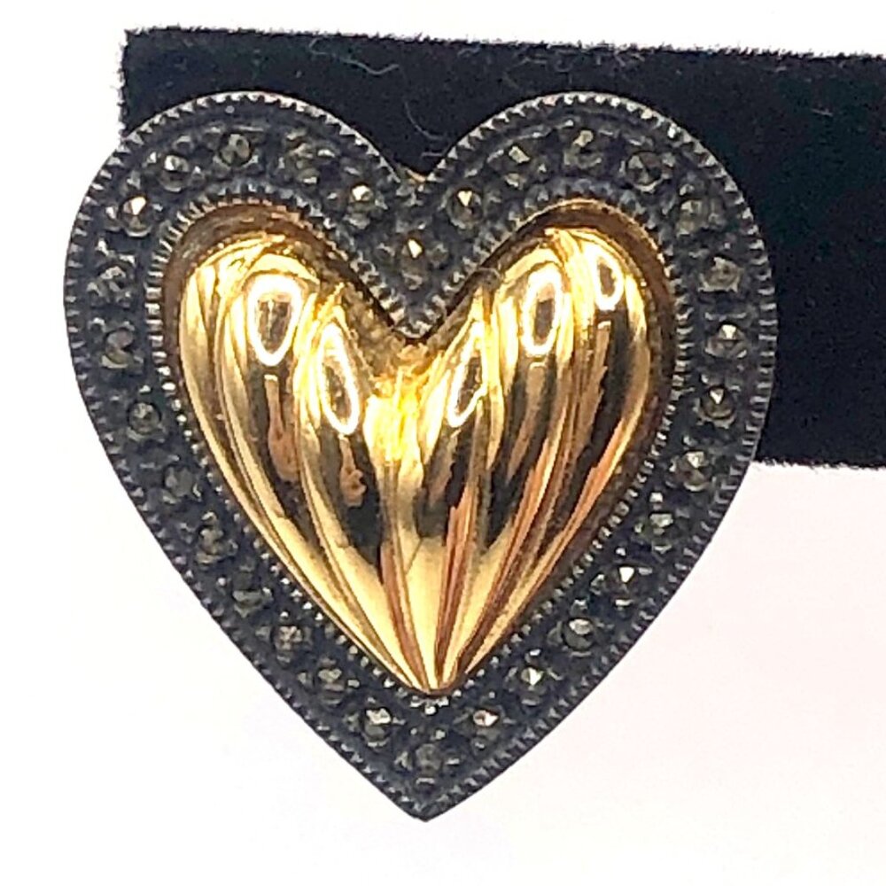 Vintage Judith Jack Gold Tone Marcasite Halo Puffy Heart Clip-On 1" Earrings - Picture 2 of 15